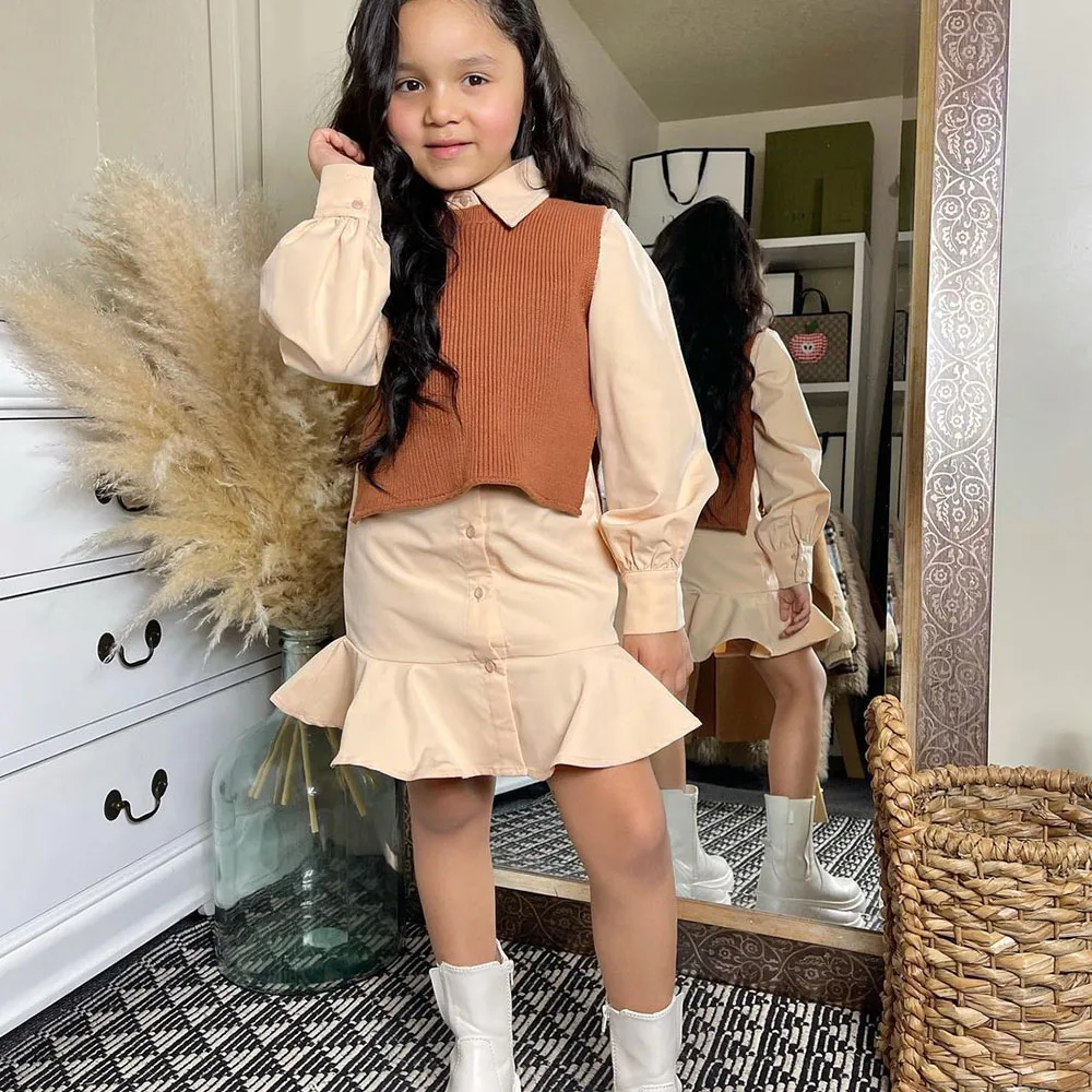 

Kids Clothes Girls Dresses Korean Fashion Spring Autumn Knitting Sweater Vest Solid Long T-shirts Children Clothing Sets