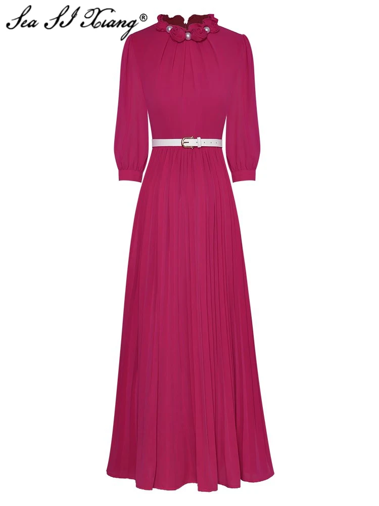 

Женское плиссированное платье с поясом, круглым вырезом и рукавами-фонариками