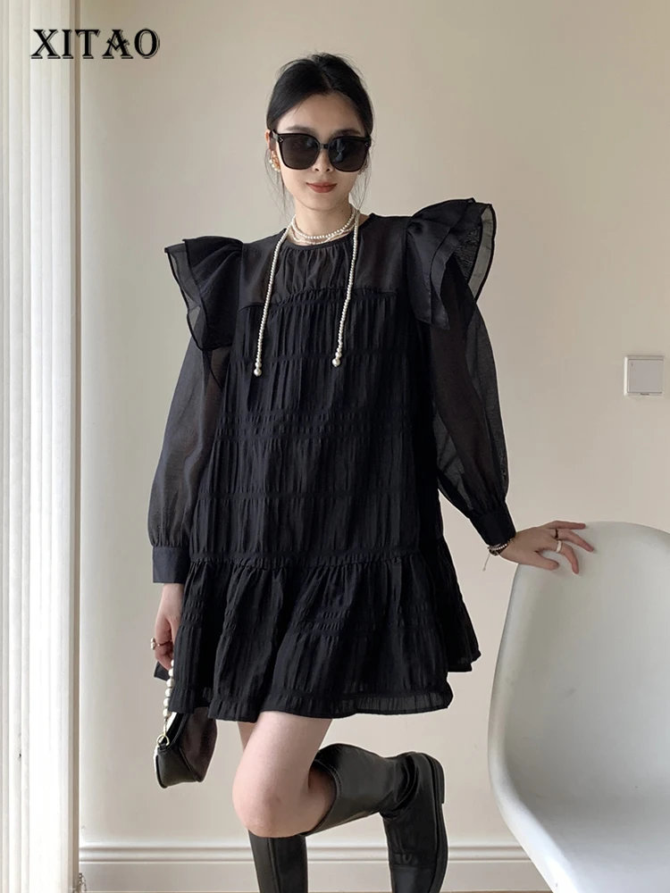 

XITAO/Сетчатое платье с оборками; Модный плиссированный пуловер с длинными рукавами; Однотонное свободное платье Minorty; Коллекция 2023 года; Сезо...