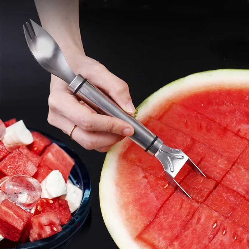 

2 In 1 Watermelon Fork Fruit Slicer Anti-rust Stainless Steel Melon Scoops Divider Cutter Salad Knife Kitchen Vegetable Tools