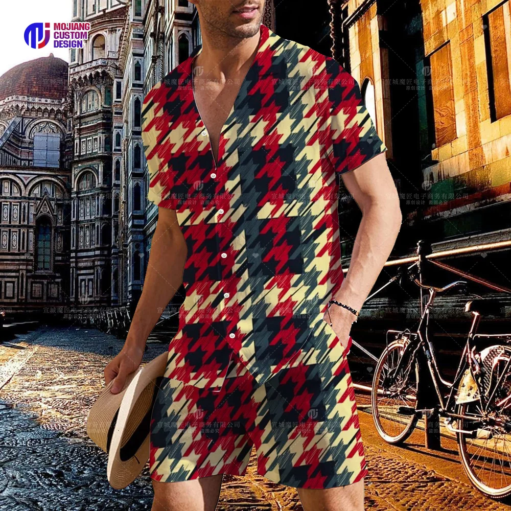2023 Men's Red Check Shirt and Shorts Set Summer Fashion Beach Short Sleeve 2-Piece Set Luxury Breathable Tops Hawaiian Set