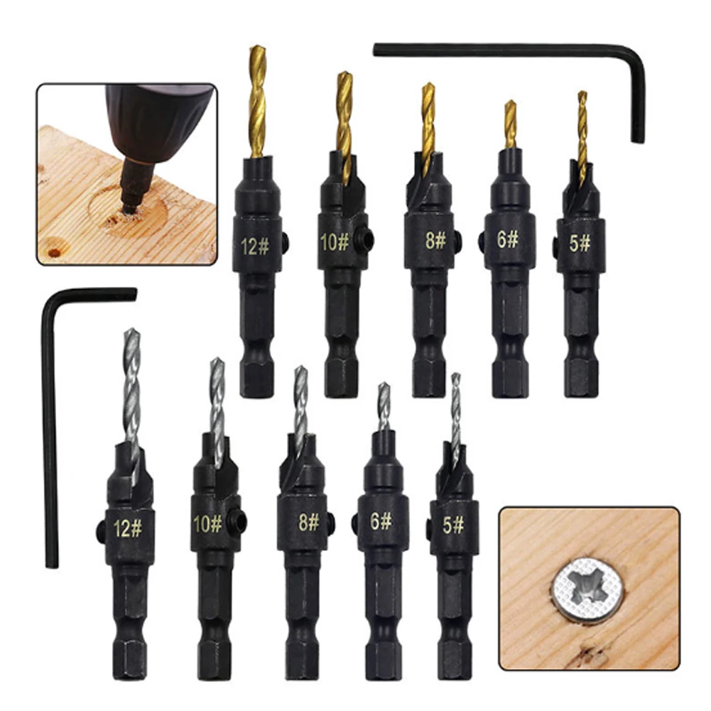 

4/5Pcs Countersink Drill Bit Set Tapered Twist Drill Bit HSS Steel with 1/4" Hex Shank Allen Key Woodworking Drilling Pilot Hole