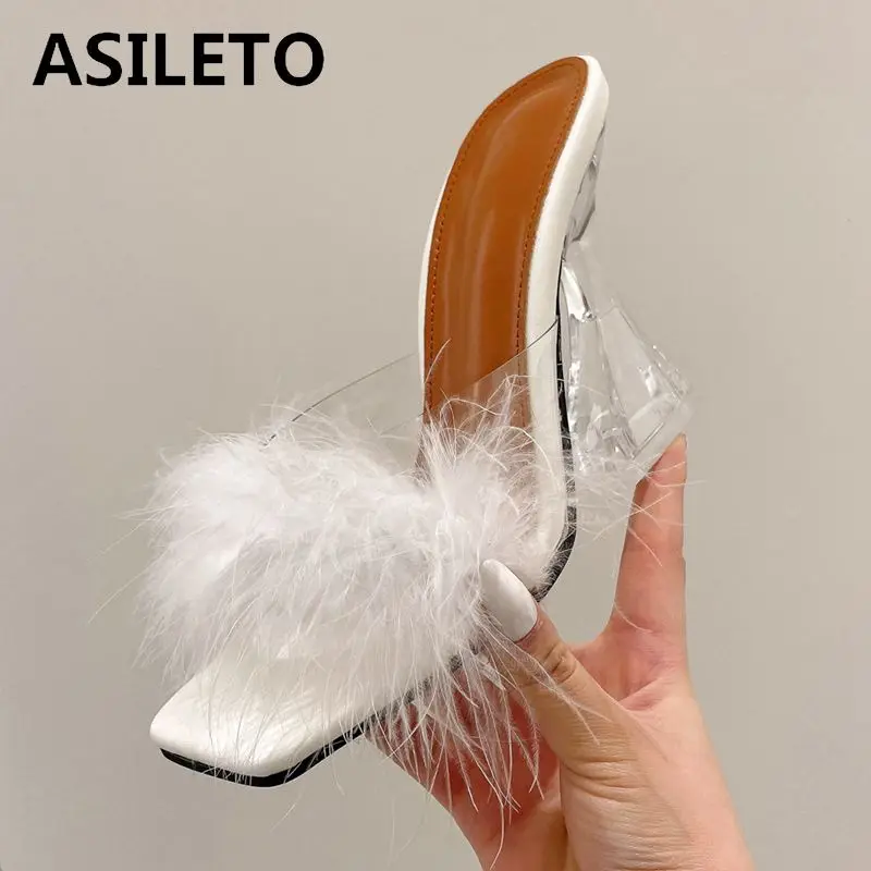 

ASILETO Ladies Sandals Mules Open Toe Chunky High Heels Feather Slip-on Female Slippers Plus Size 35-41 Green Black Sexy S3883