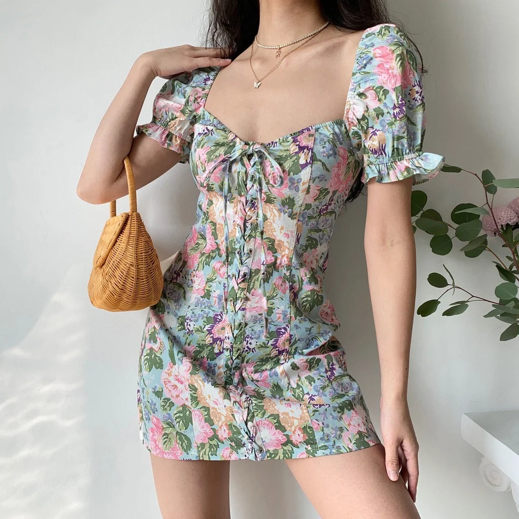 

2021Summer New Floral Print Drawstring Square Collar Sexy Short Sleeve Dress Women Puff Sleeve Short Skirt