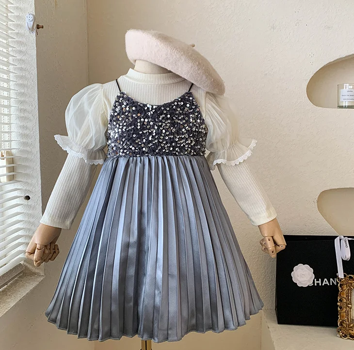 

Retail 2023 New Baby Girls Fall Fashion Boutique Elegant Sets Underwear + Sequined Sling Dress Princess Sweet Suits 2-6T