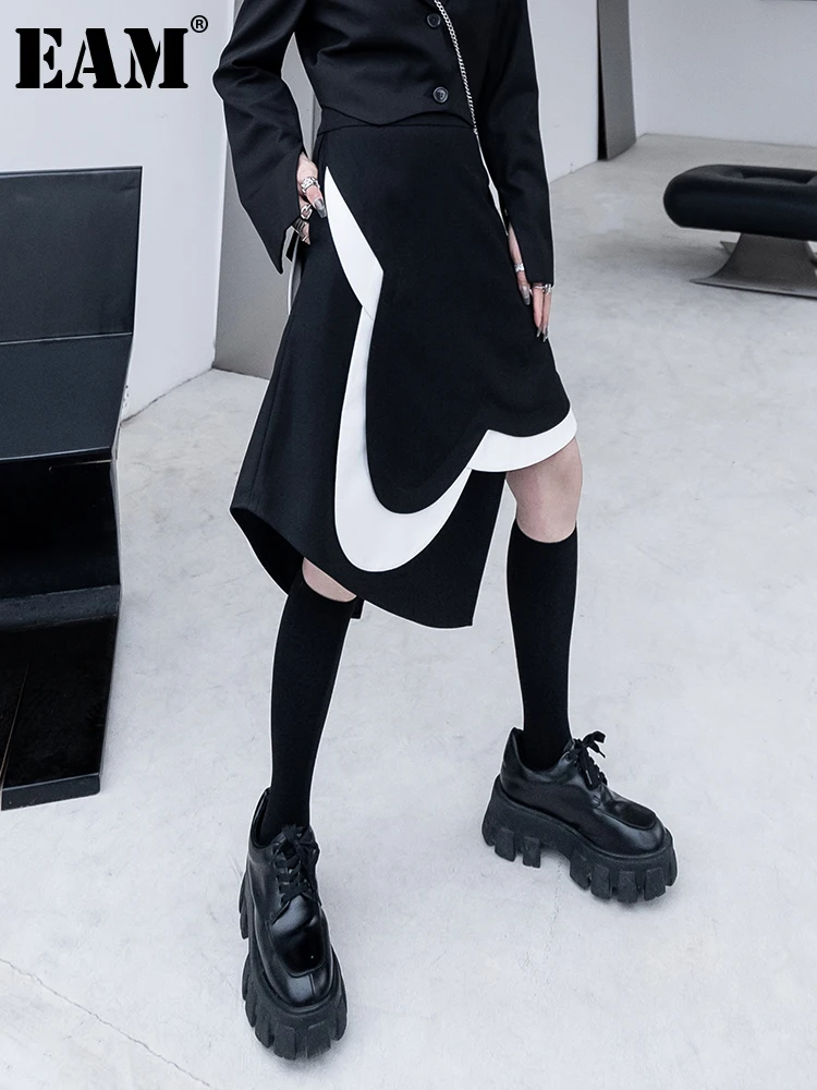 

[EAM] High Waist Black Irregular Hem Color-block Design Half-body Skirt Women Fashion Tide New Spring Autumn 2022 1DE9743