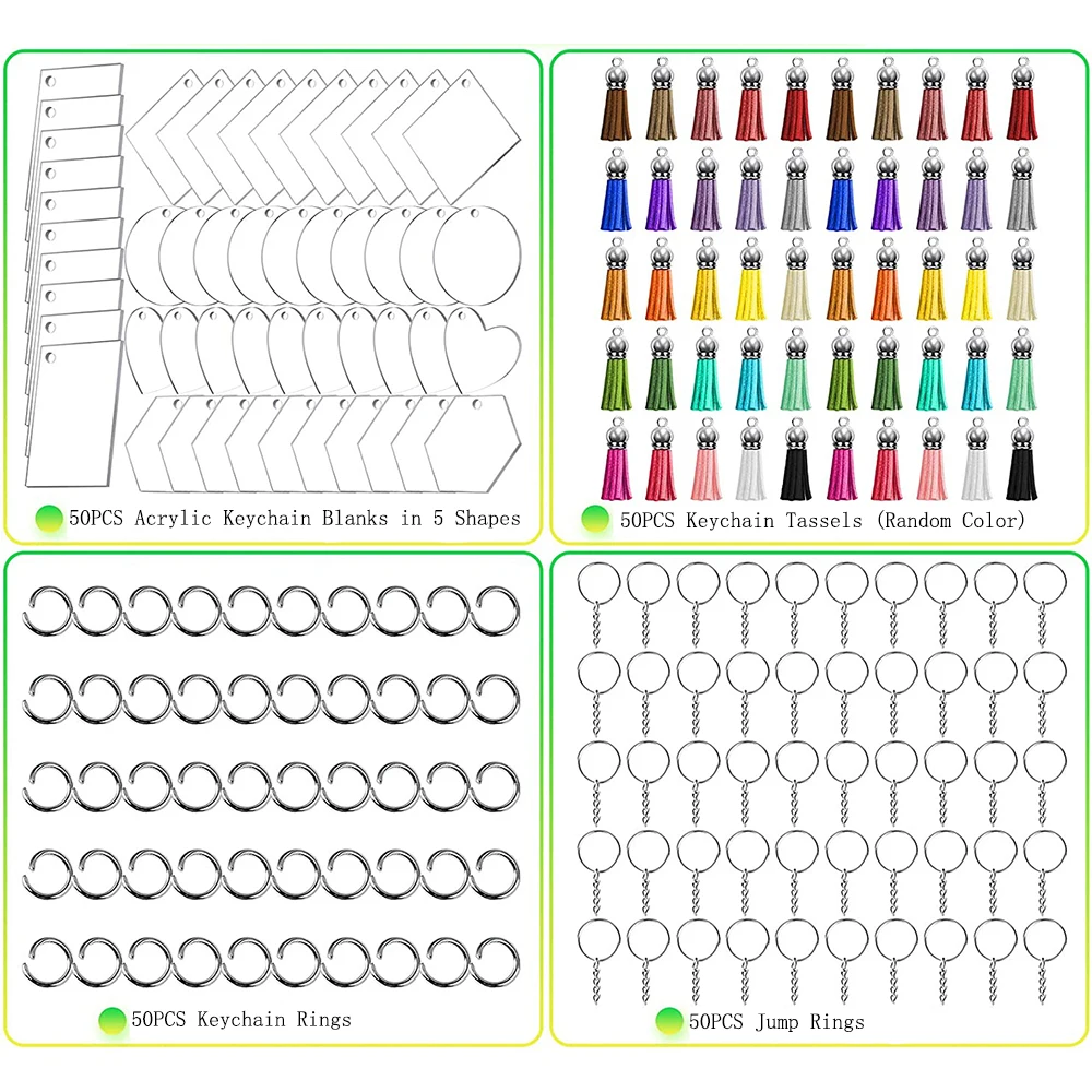 200PCS Acrylic Keychain Blanks Craft Tassel Keychain Round Clear Discs Circles Colorful Tassel Key Rings Set for DIY Craft