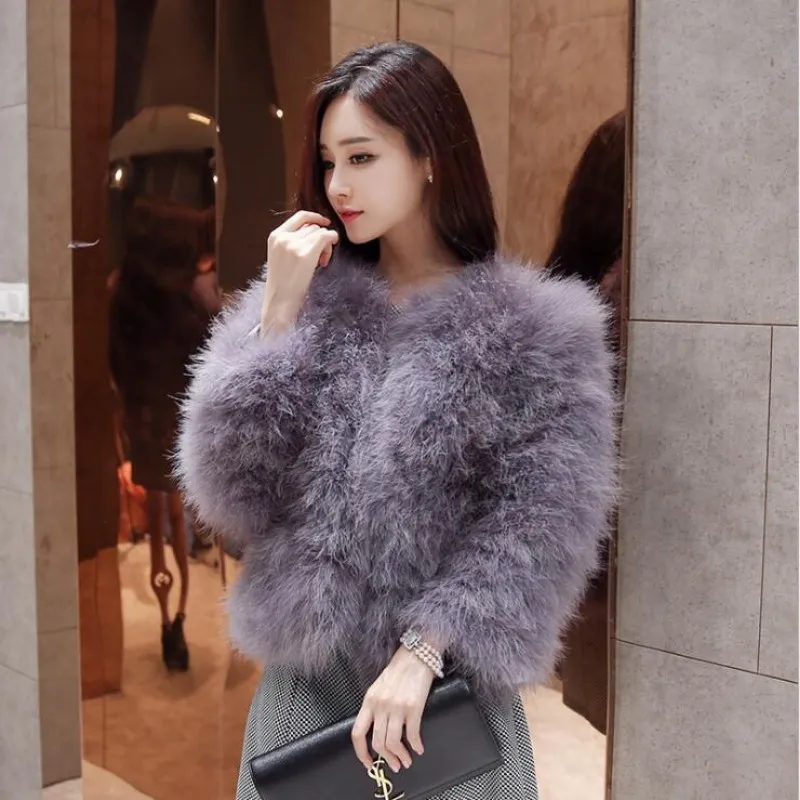 Hot Sale Fluffy Natural Ostrich Feather Coat Short Jacket Women Winter Overcoat