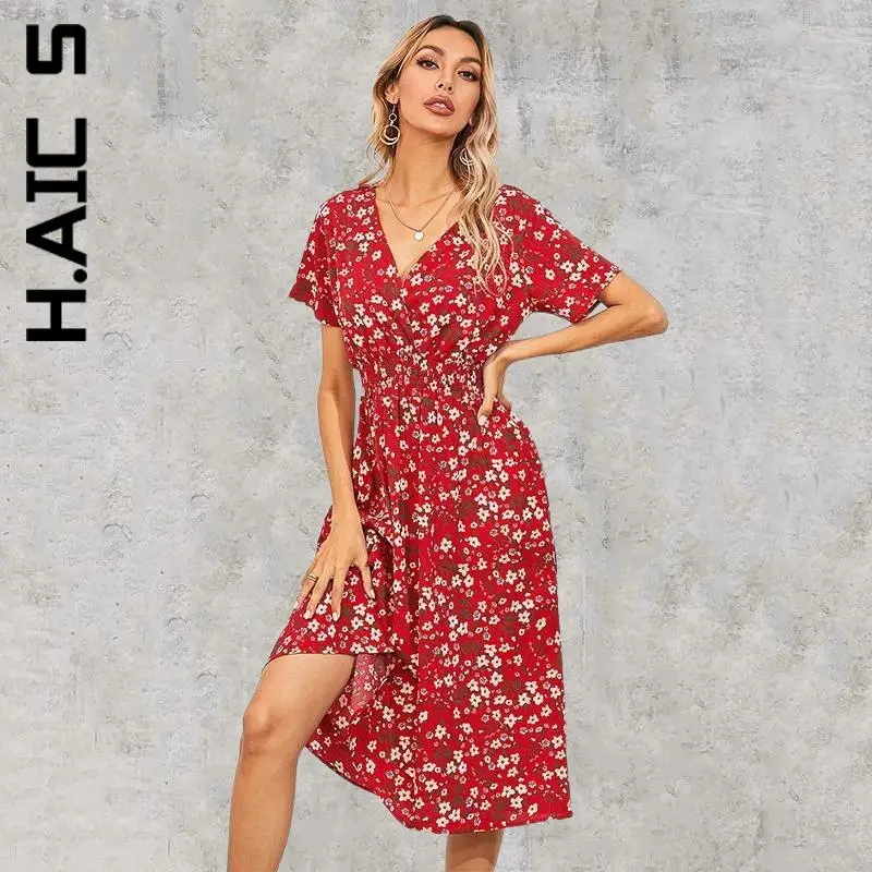 Женское длинное платье с V-образным вырезом коротким рукавом |