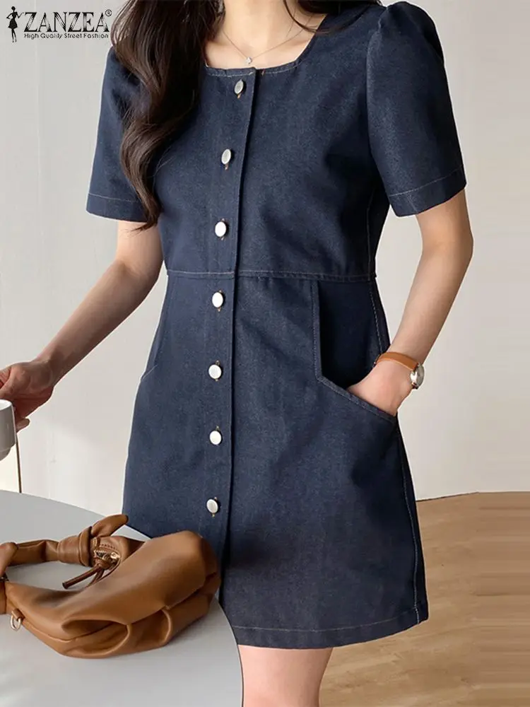 

ZANZEA Summer Fashion Party Denim Dress Woman Square Neck Short Sleeve Dresses Female Elegant Mini Robe Ladies Casual Sundress