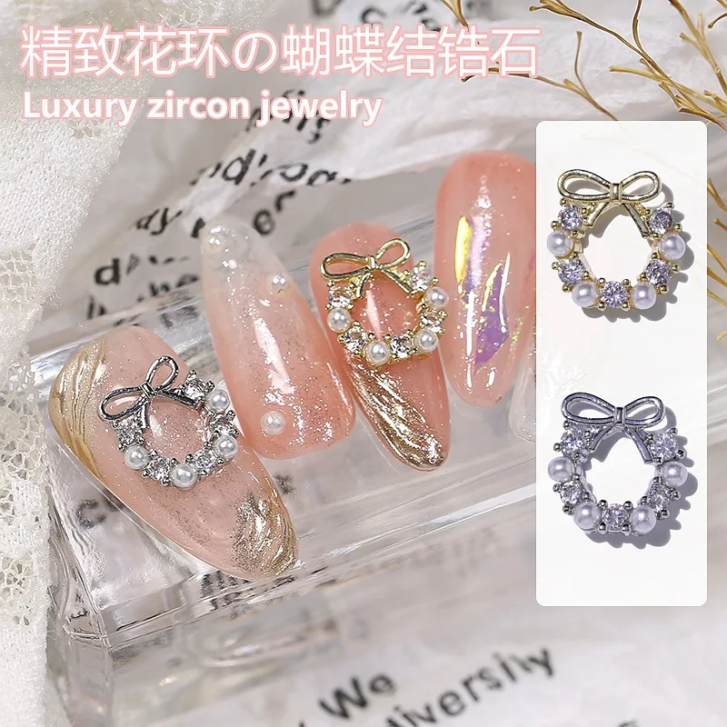

10pcs Christmas Wreath Garland Bowknot Zircon Nail Charms 3D Crystals Hollow With Pearl Jewelry Rhinestone Nails Accessories Dec