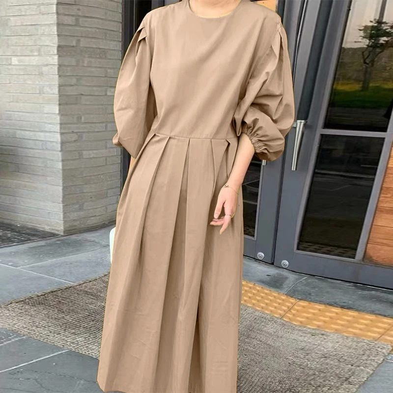 

VONDA 2022 Elegant Casual Women Fashion Dress Femme Long Sleeve Pleated Sundress Party Baggy Vestido Plain Long Dresses Oversize