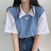 yasuk summer fashion casual t shirts pullover womens slim loose tees top fake two piece suit all match cute student gentle