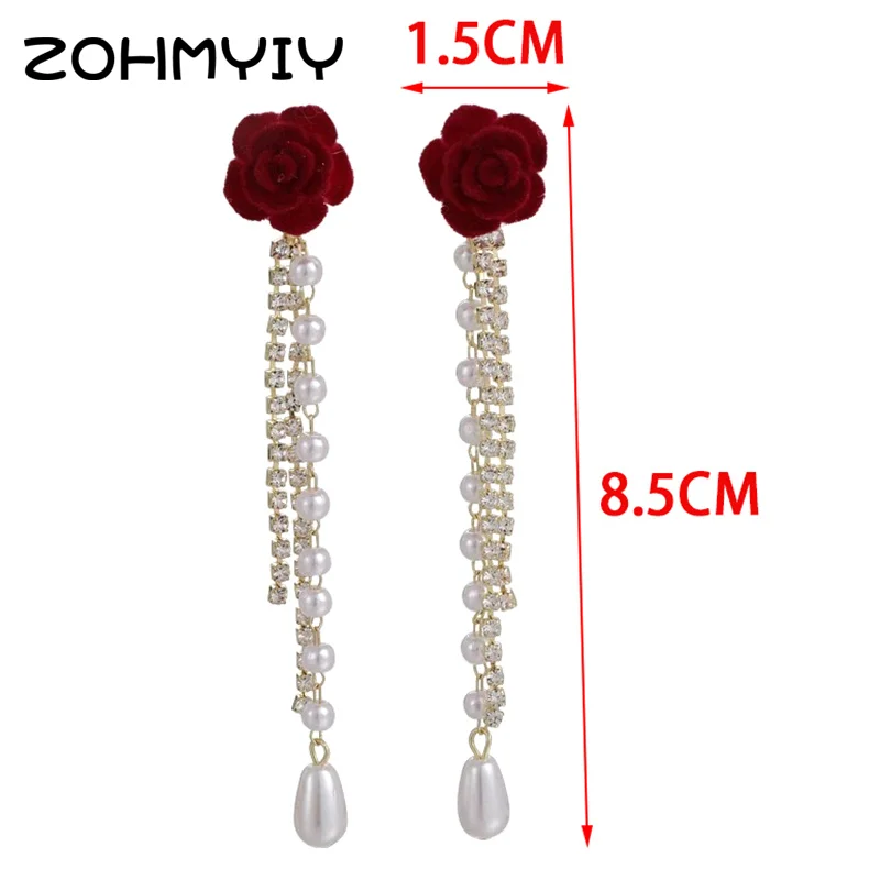 Винно-красные флокированные Серьги-кисточки с бантом и жемчугом для женщин