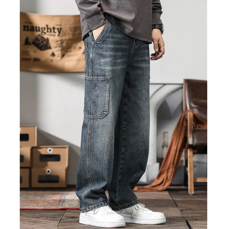 Men Clothing Vintage Loose Bluish Grey Jeans Straight Cylinder Cargo Pants Trousers Female 2022 Autumn and Winter New Pattern