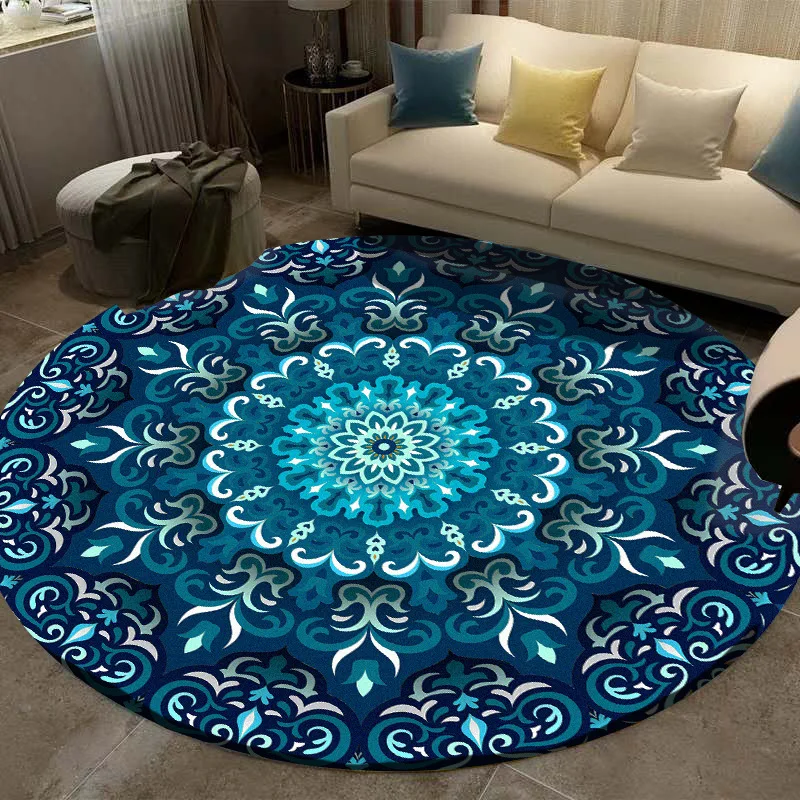 

2022 European Ethnic Style Blue Brown Camel Mandala Flower Round Living Room Bedroom Non-slip Floor Mat Carpet Customization