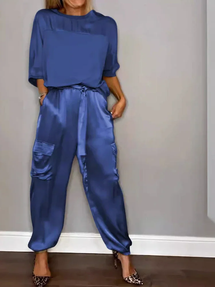 Женский Элегантный Комплект Из Двух Предметов Шелковая Рубашка Atlassan Рукав Три