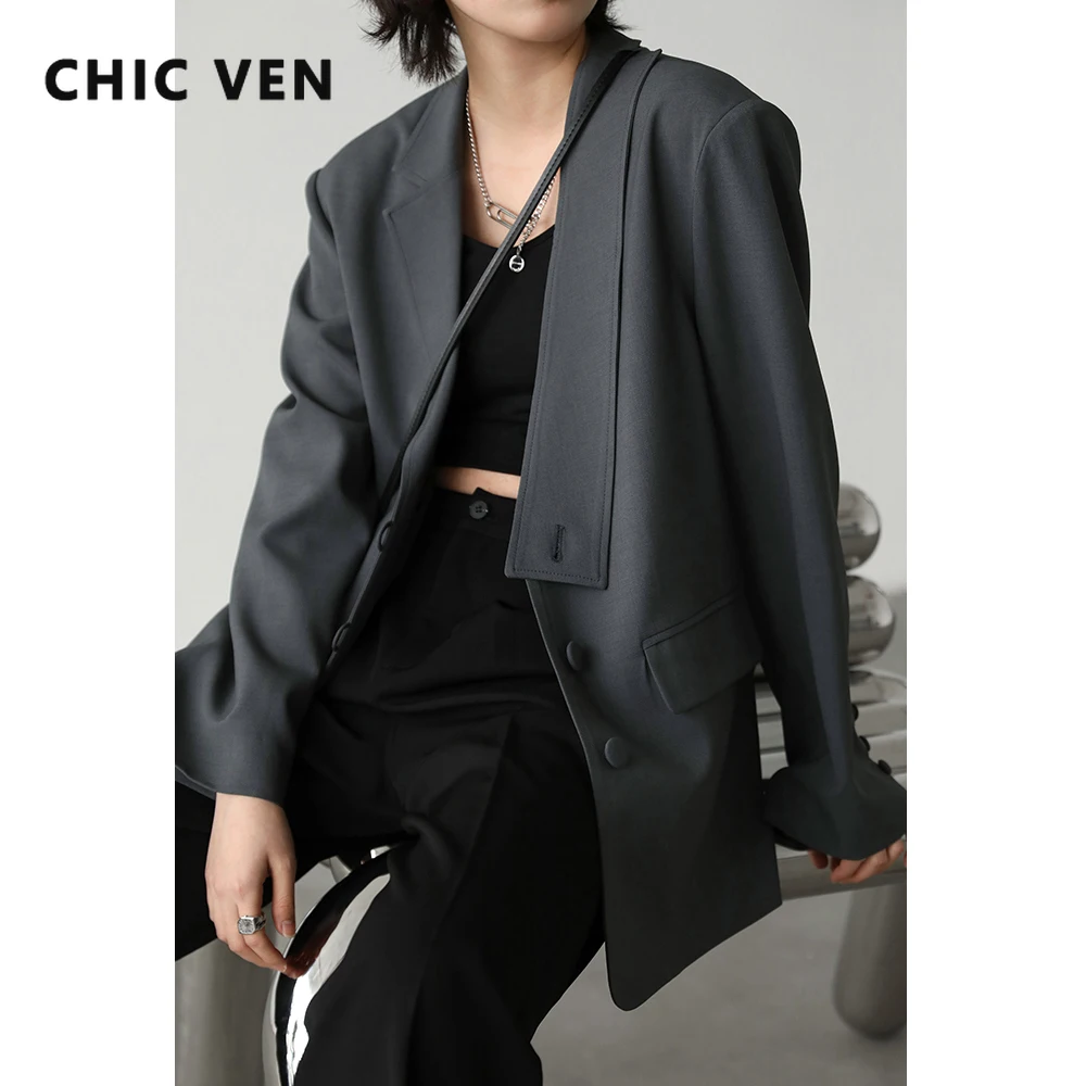 CHIC VEN Korean Fashion Women's Small Blazer Simple Casual Solid Design Loose Suit Jacket Office Lady Tops Spring Autumn 2022