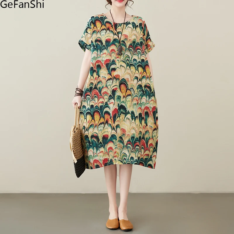 

New Summer Print O-Neck Short Sleeve Vintage Cotton Linen Dresses Women Loose Casual Beach Dress Robe Ladies Elegant Clothing