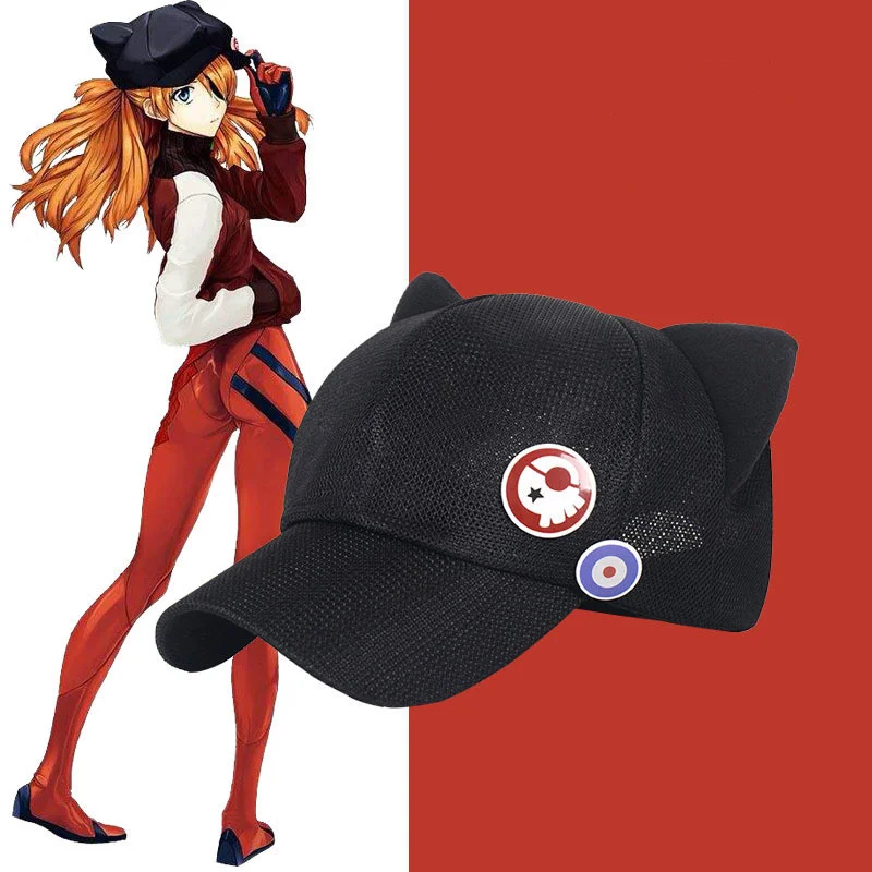 

Anime Hat Cute Cat Ears EVA Asuka Langley Soryu Cosplay Cotton Hat Adult Kids Baseball Mesh Cap Badge Prop Party