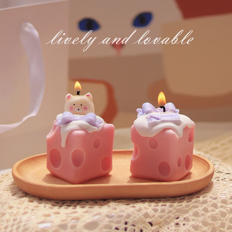 

Handmade Aromatherapy Candle Pink Cheese Cream Little Bear Cute Bow Fragrance Candles Birthday Gift Home Bedroom Decoration