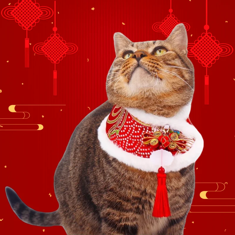 

NY15 Chinese New Year Red Pet Cat Winter Thickened Carf Dog Bib Collar Warm New Year Collar For Pets