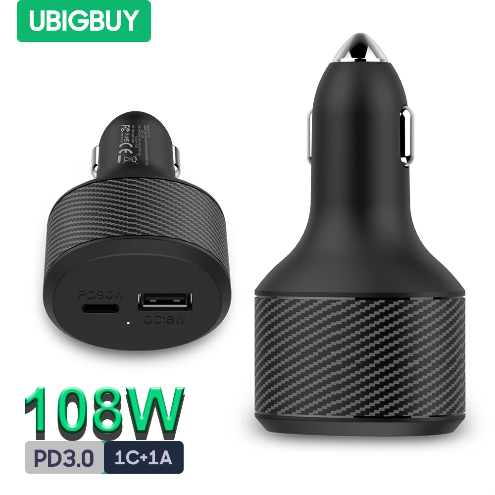 Автомобильное зарядное устройство Ubigbuy 108 ВТ два порта USB C PD 90 Вт 18