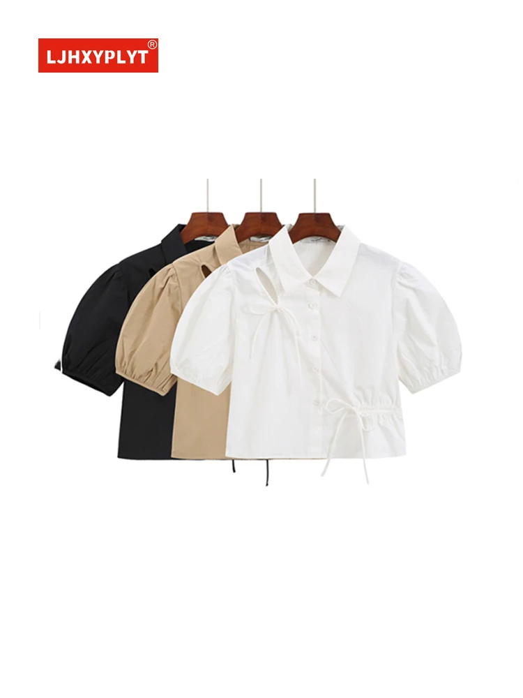 

Drawstring Bubble Short-sleeved Plain Shirt Women's Summer New Office Style Design Hollow Tie Bow Solid Color Short Tops Female
