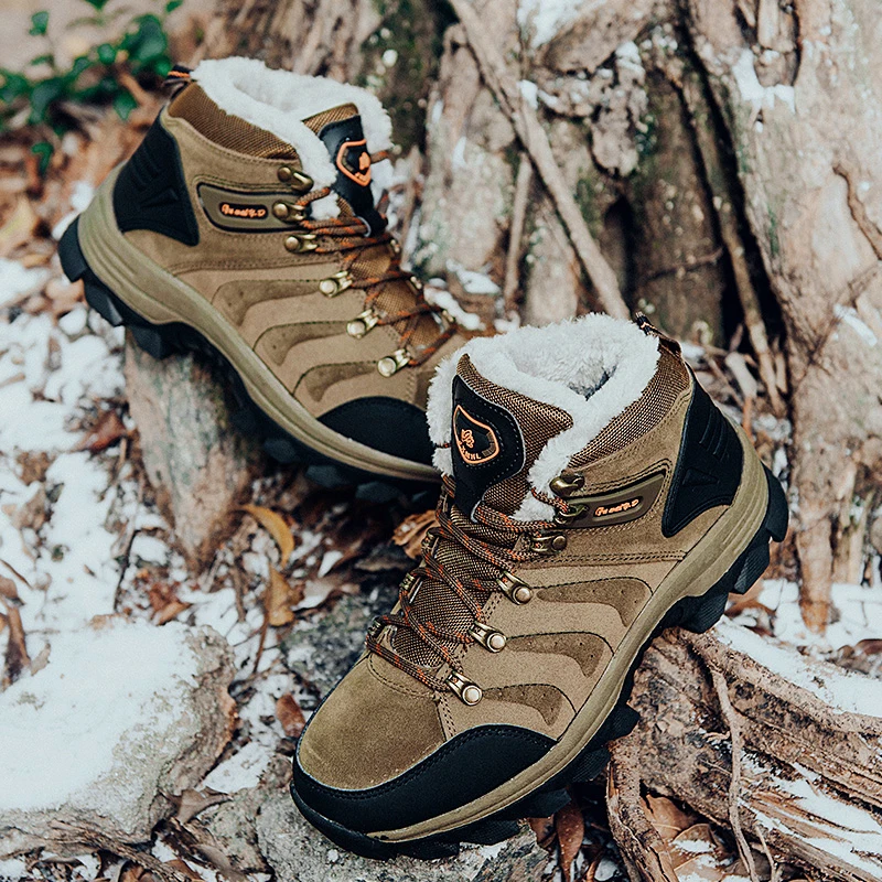 New Warm Fur Leather Hiking Boots Mens Womens Winter Outdoor Non Slip Hunting Boot Snow Boots Male Trekking