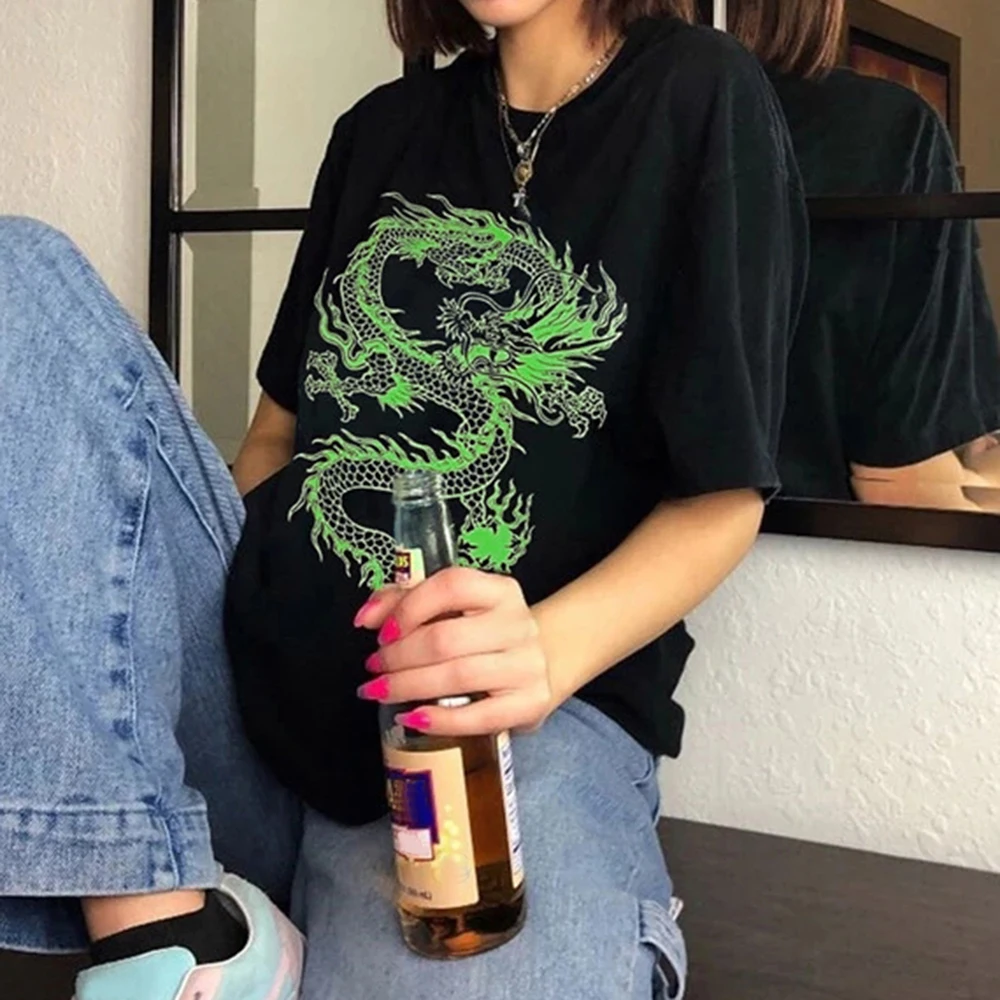 

Streetwear Tops Chinese Dragon Print T Shirts Women Harajuku Aesthetic Female T-shirts Oversized T Shirt Unisex Short Sleeve