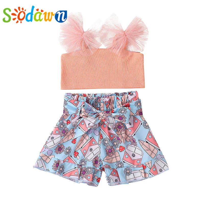

Sodawn Baby Girl Clothes Summer Fashion Suspender Top+Floral Shorts 2Pcs Mesh Bowknot Decoration Children Clothing