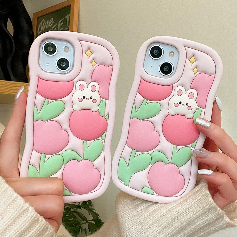 

Korean pop Cute Floral Cartoon rabbit Pink Case For iphone 14 13 12 Pro Max i11 bunny kids Soft Silicone Protective Phone Cover