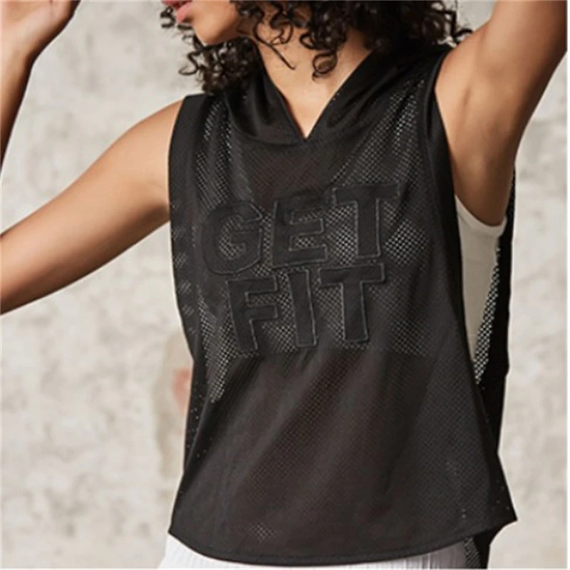 Summer Women's Sleeveless Breathable Hooded Hoodie Mesh Quick Dry Fitness Yoga Wear Running Workout Tops