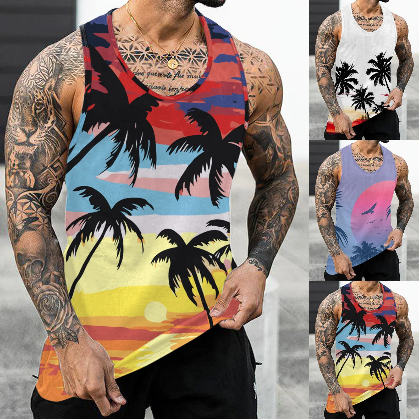 

Hawaii Tank Top Sleeveless Mens Coconut Tree Print Tee Summer Casual Beach Vest O Neck Shirt Men Gym Clothing Bodybuilding Camis