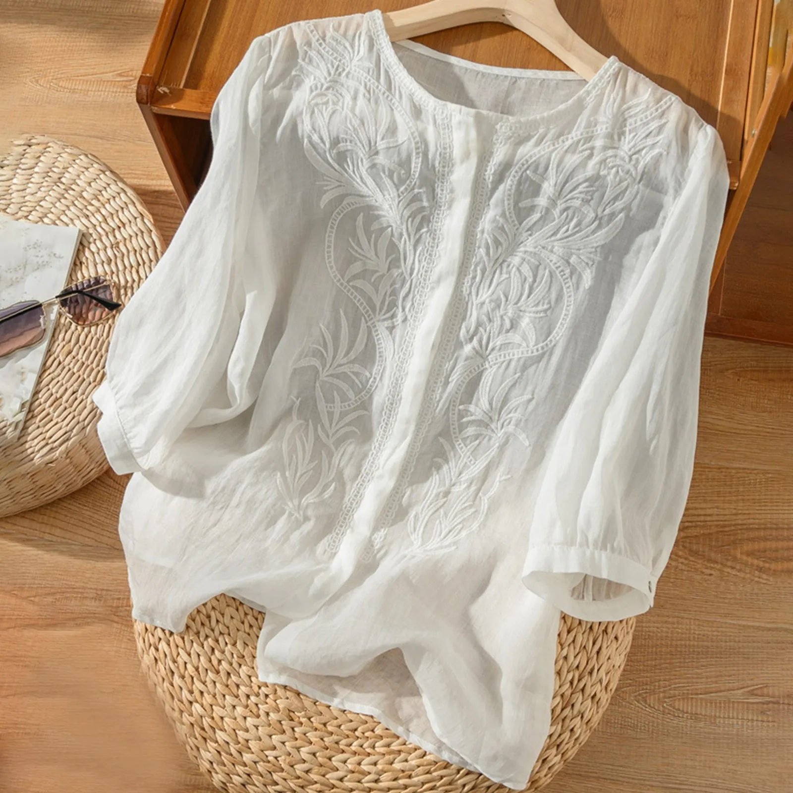 

Cotton Linen Shirt Women'S Jacquard Embroidered Loose Blouse Harajuku Seven Quarter Sleeve Camisas Blusas Elegant Office Ropa De