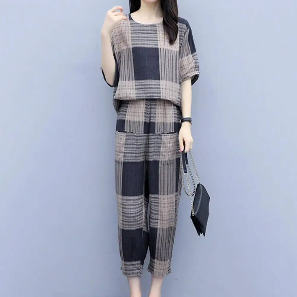 

Color Matching Grandma Style Elastic Waists Summer Pajamas Set for Daily Wear