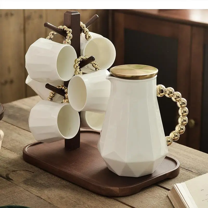 

White Ceramic Tea Set Kettle Water Cup Juice Pot Water Bottle Wooden Tea Tray Teaware Sets Tea Making Tools Afternoon Tea Set