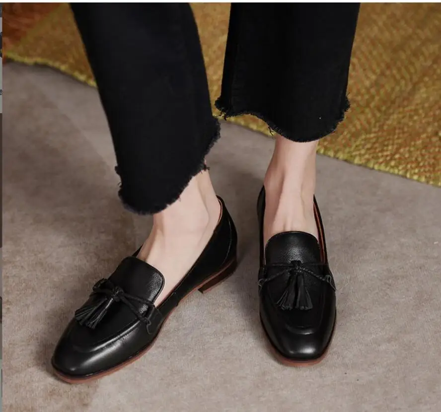 New Retro Black Style Square Head Women's Loafers Shoes Summer Fashion Style Tassel Comfortable Single Shoes Women Brown Shoes