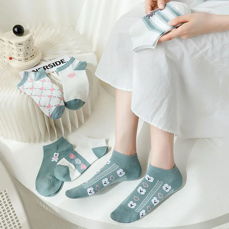 6 Pairs of High Quality Spring/Summer Short Women's Socks Cute Animal Striped Cotton and Ankle Breathable Kawaii Girls Socks