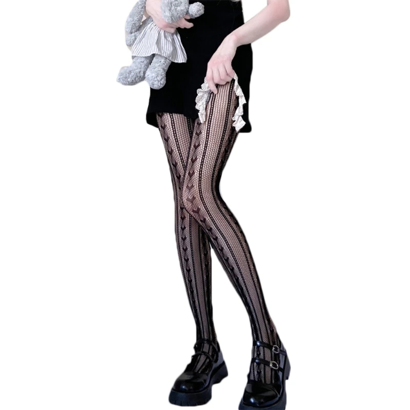 

Women Girls Dark Heart Striped Pantyhose Gothic Punk Sexy Hollow Out Fishnet Mesh Black Tights Japanese Stockings