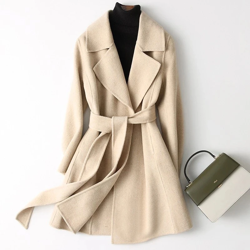 

2023 Autumn Winter Woolen Coat 100% Wool Women Double-Sided Cashmere Woolen Jacket Overcoat Belt Streetwear Camel Black Outwear