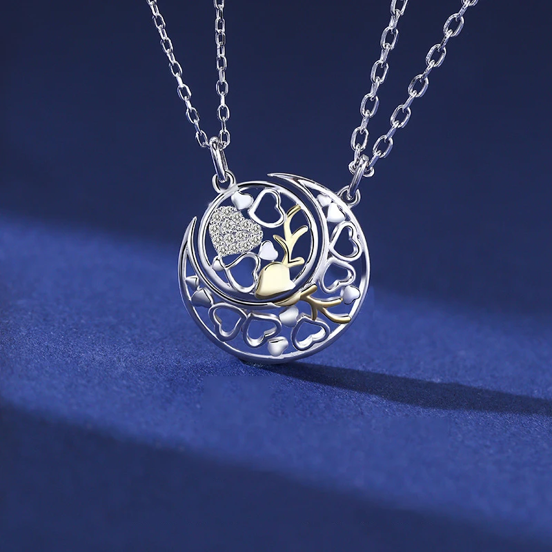 

Stamp 925 Silver Color Couple Necklace Fashion Moon Heart And Deer Pendant Necklaces For Women Men Anniversary Jewelry Gifts