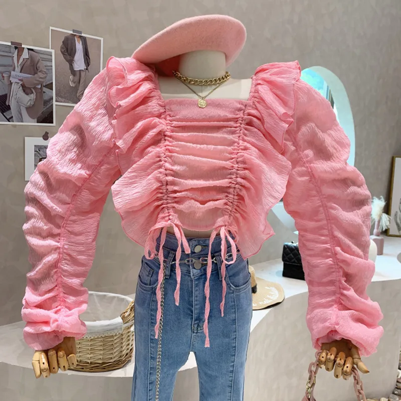

New Women's Clothing 2022 Spring VSquare neck Ruffle drawstring pleated shirt thin short versatile Tops feminine blusas