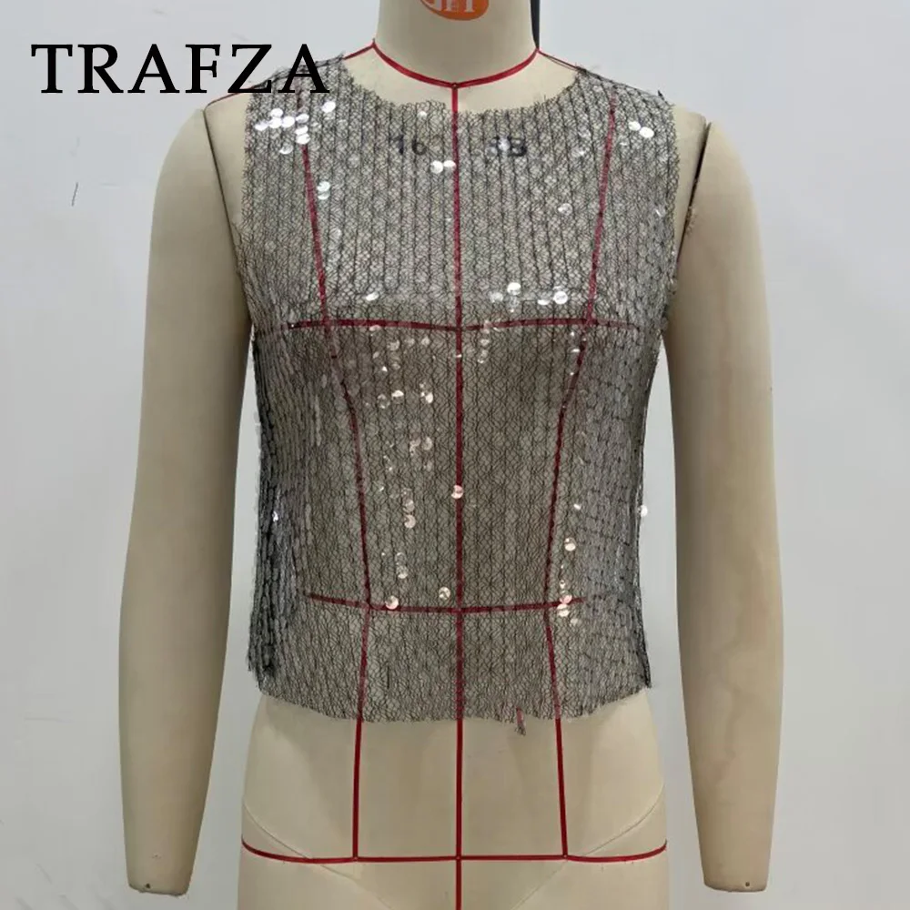 TRAFZA шикарный блестящий серебристый полупрозрачный сексуальный клубный топ с блестящими ремешками, модный топ 2022, летняя вечеринка, женский жилет в стиле гранж с круглым вырезом (art.: 3920cb690a18a) - 3920cb690a18a