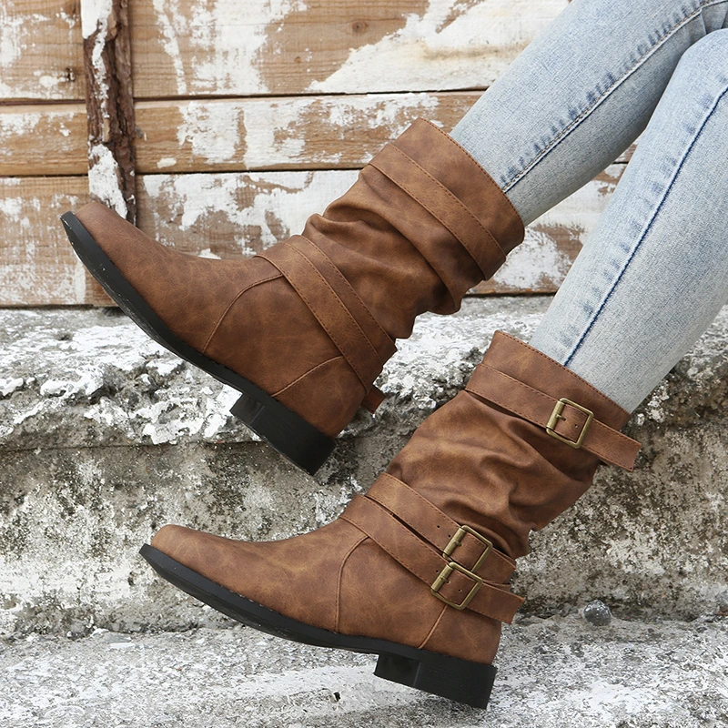 Women's Boots 2023 New Fashion Buckle Square Heel Middle Heel Calf Boots Autumn and Winter Outdoor Casual Botas De Mujer Women