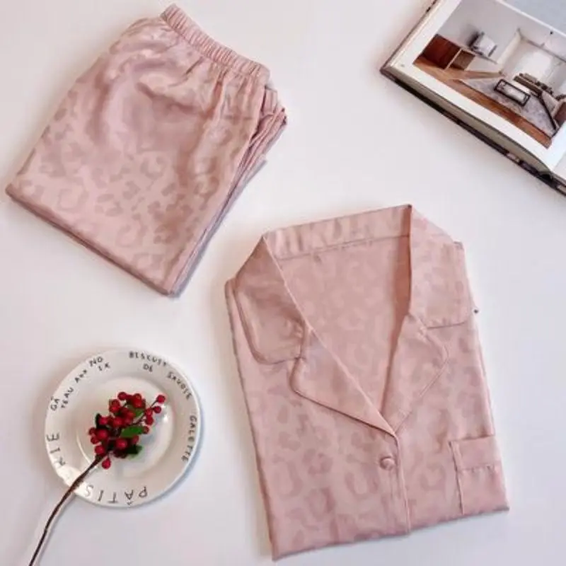 QWEEK Silk Pajamas Leopard Women's Suit Autumn Set Woman 2 Pieces Sleepwear Nightwear Pijama Gift Female Pyjamas Pink Loungwear
