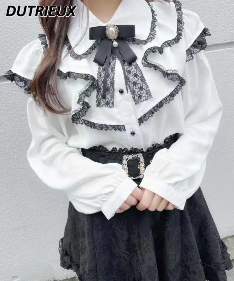 

Spring Autumn Elegant Blouse Female Japanese Style Rojita Lolita Ruffled Off-the-Shoulder Lace Shirt Women's Long Sleeve Top