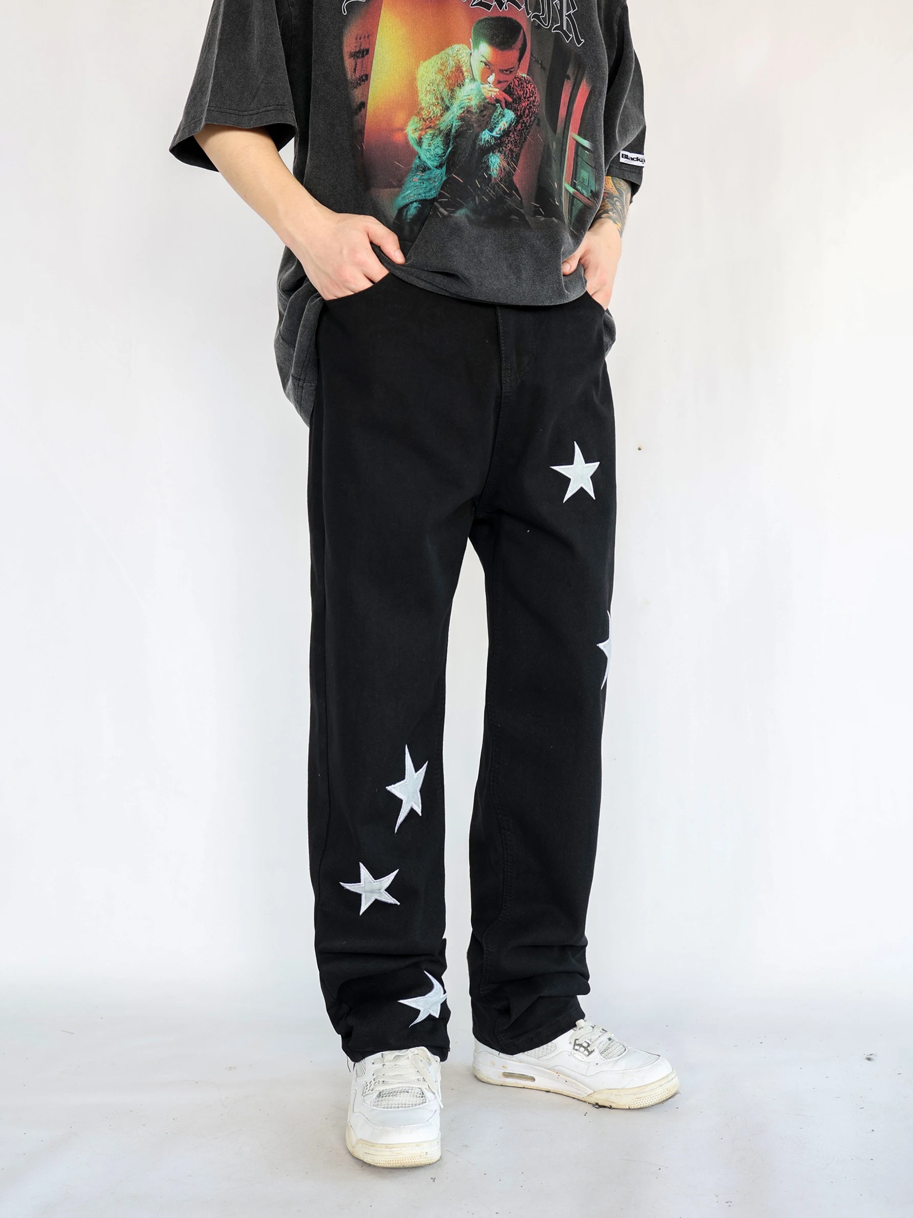 Men's Jeans Four Seasons High Street Star Pattern Embroidered Jeans Fashion Street Distressed Straight Loose Casual Pants JEANS