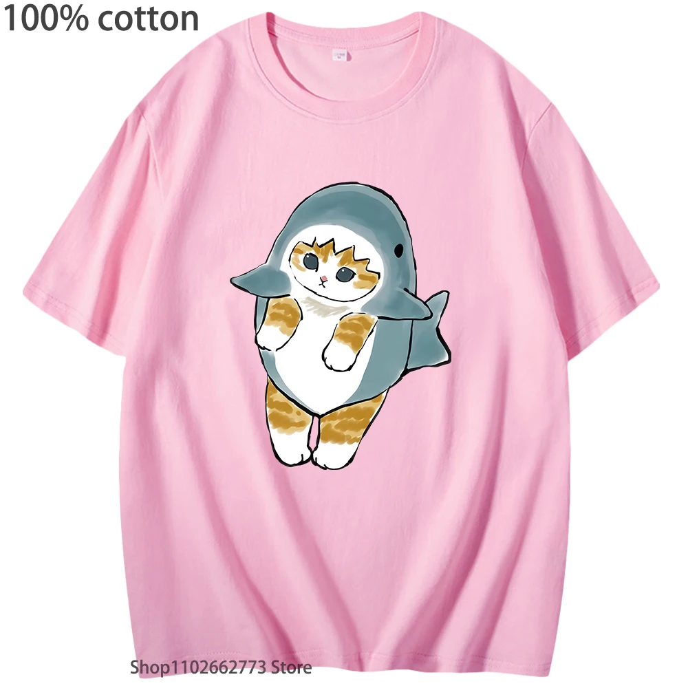 

Cute Shark Cat T Shirt for Girls 100% Cotton Summer Clothes Short Sleeve Kawaii Aesthetic Tops Cartoon Women Casual Korean Style