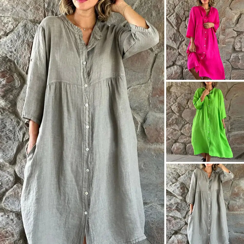 

Summer Casual Solid Color Shirt Dress Women Elegant Single-breasted Button Party Dress Fashion Cotton Linen Long Dress Vestidos